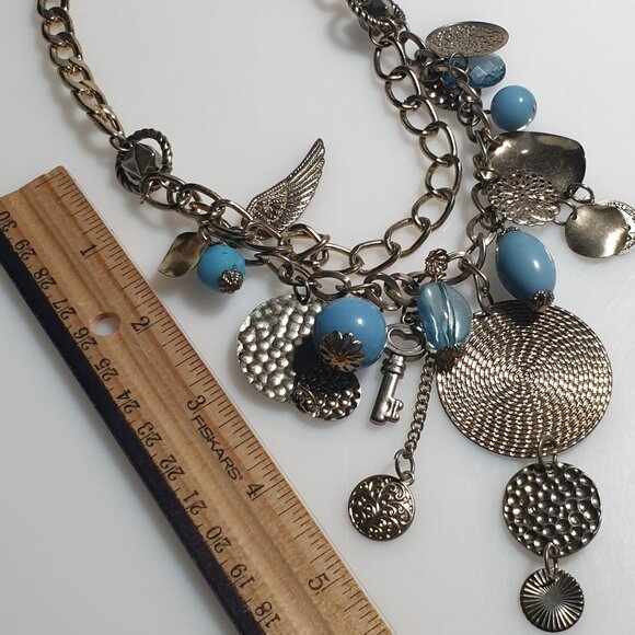 Erica Lyons Necklace Blue Beads Textured Discs Key Charm Chain Adjustable Gift - Picture 5 of 6